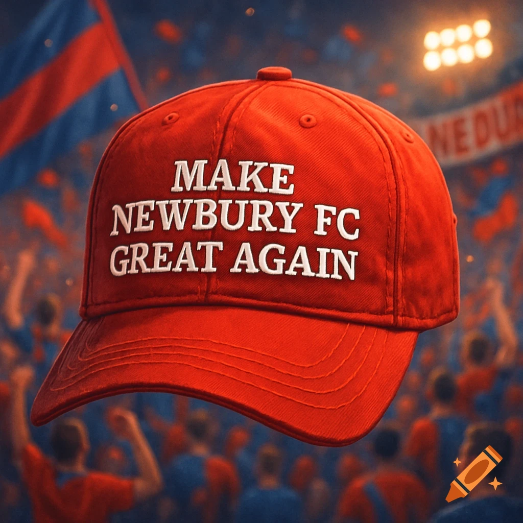 A red baseball cap with the white text 'MAKE NEWBURY FC GREAT AGAIN' floats above a blurred crowd in a stadium.