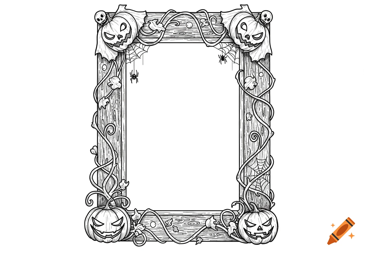 Black and white line art Halloween frame with pumpkins, skulls, spiders, and vines on wooden borders.