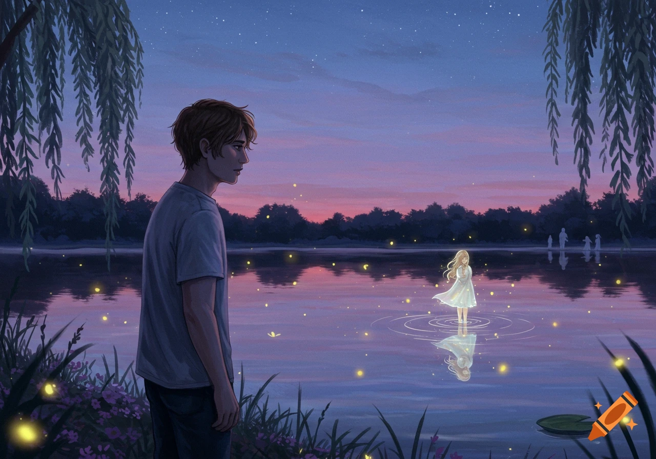 An illustrated man stands by a lake at twilight, looking at a woman standing in the water amidst glowing fireflies.