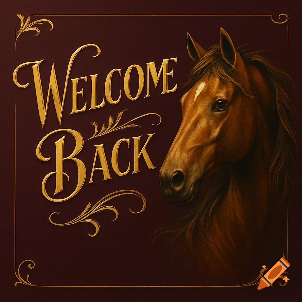 A brown horse head portrait on a maroon background with ornate gold 'Welcome Back' text and decorative borders.