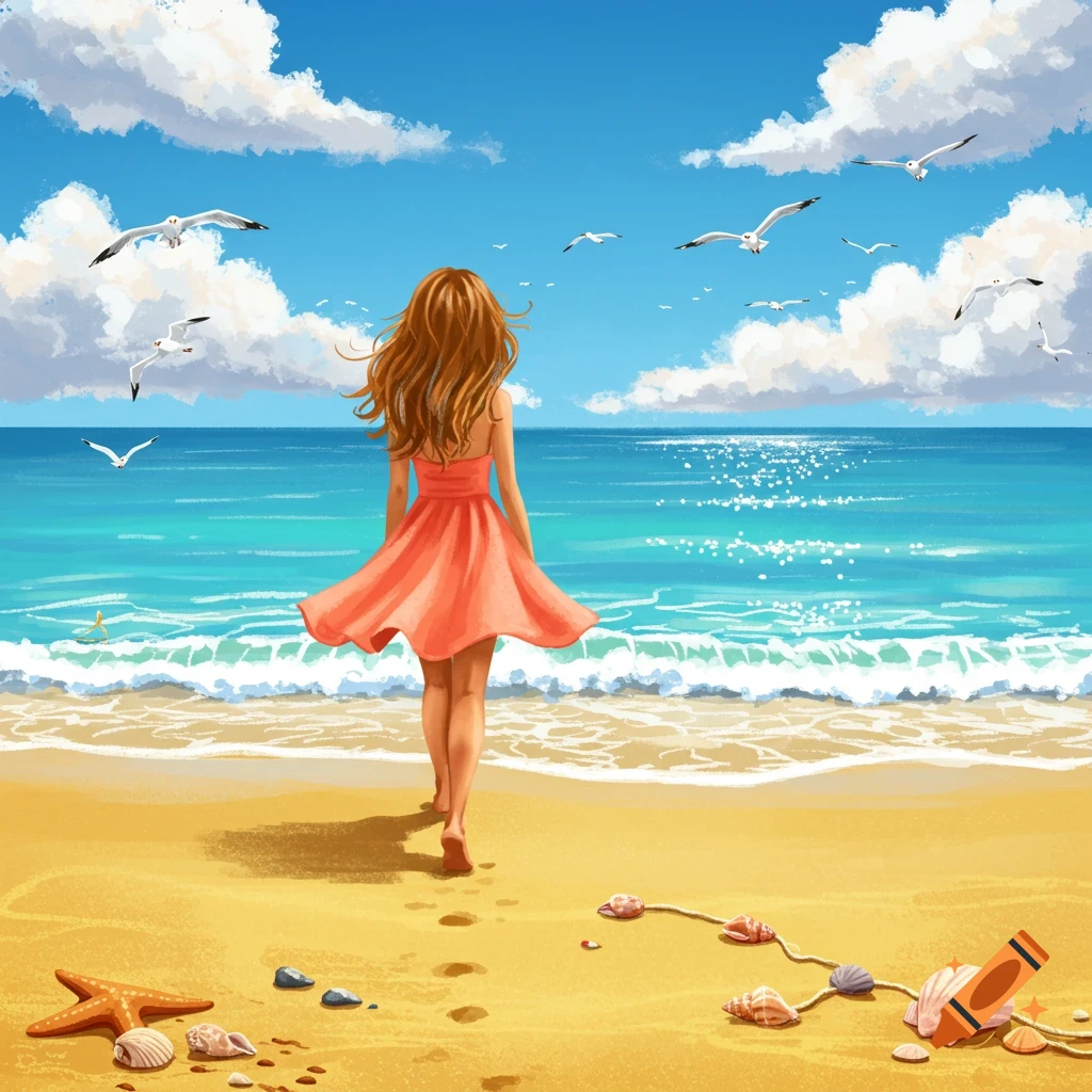 An illustration of a girl in an orange dress walking along a sunny sandy beach towards the blue ocean under a cloudy sky.