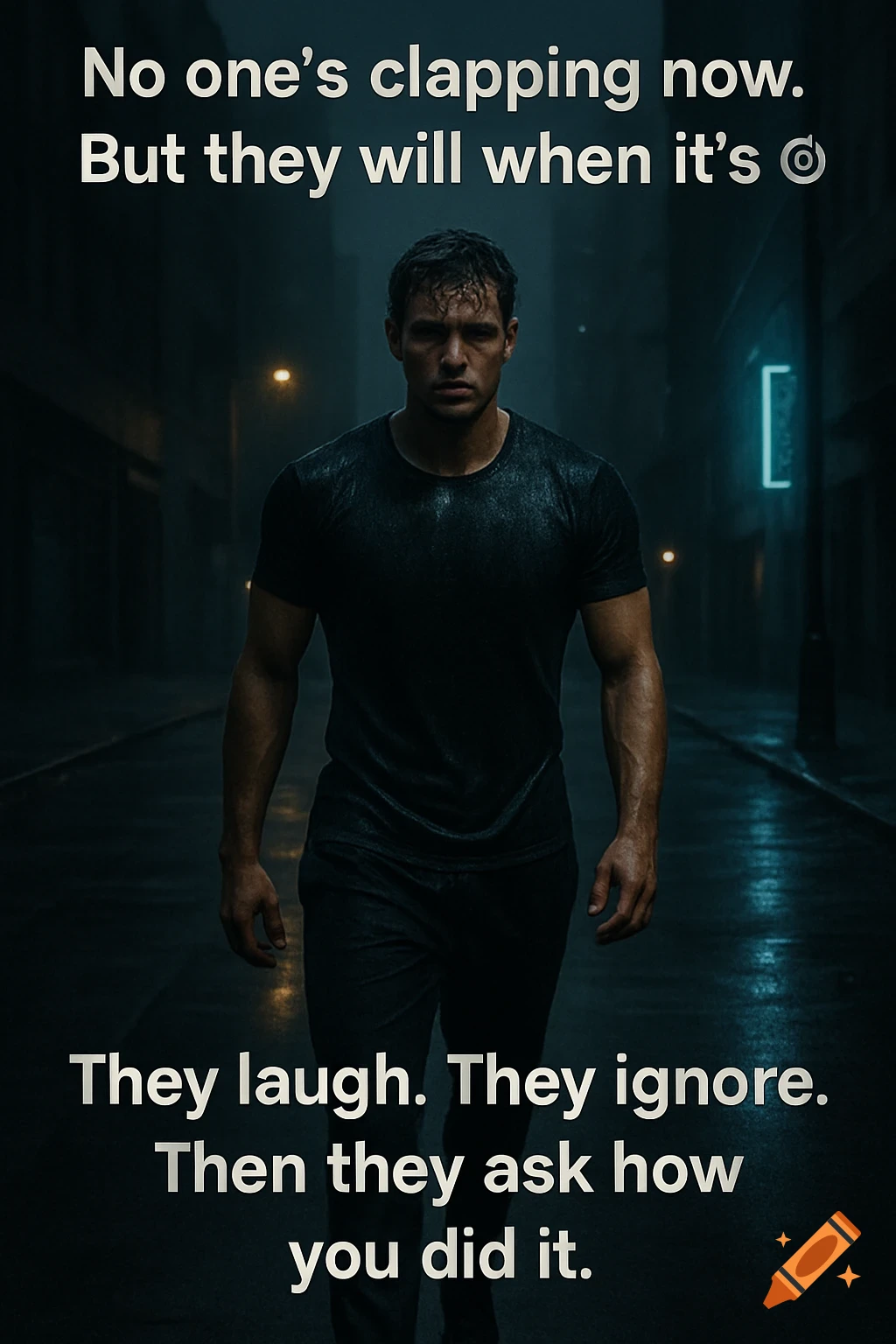 A muscular man in a wet black t-shirt walks on a dark, rainy city street at night, with motivational text overlaid.