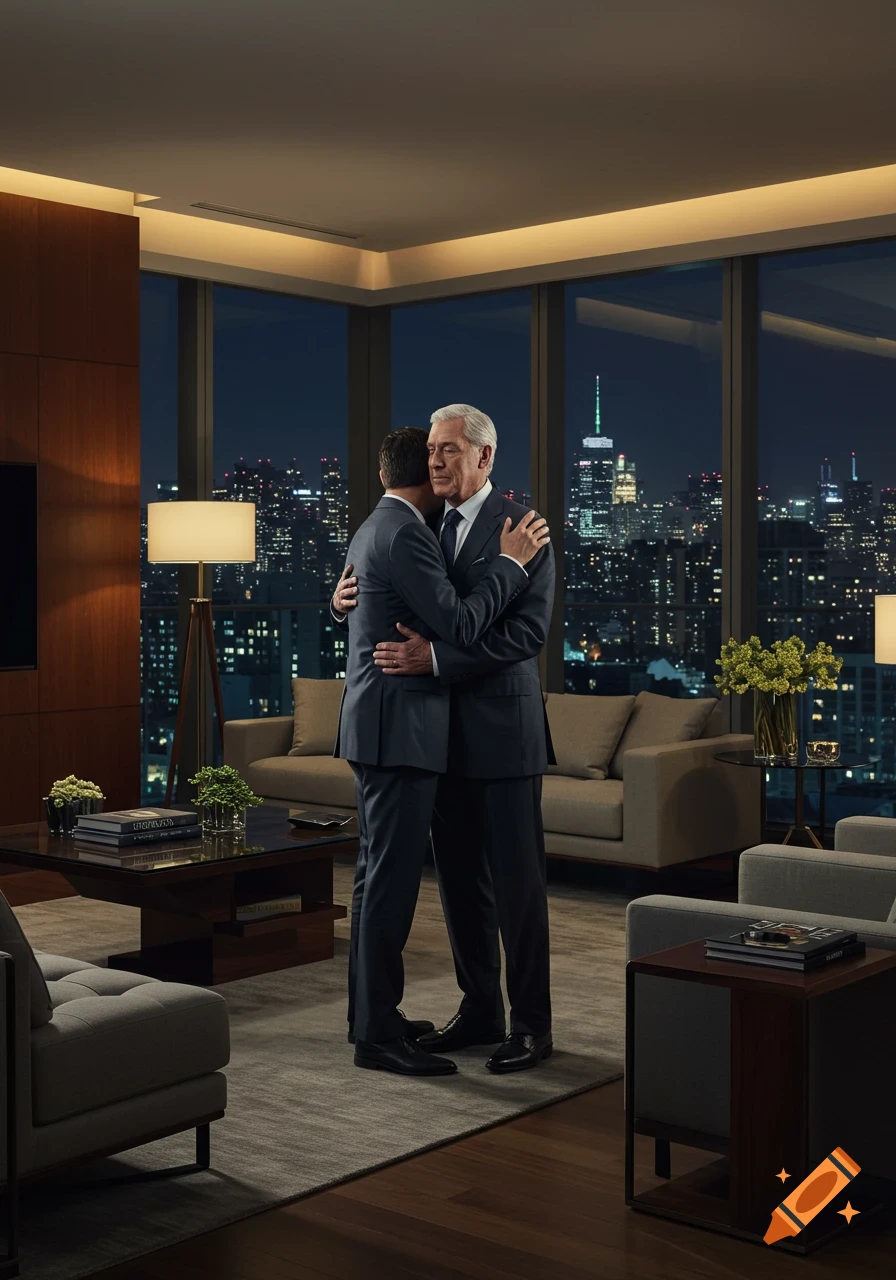 Two men in suits embrace in a luxurious high-rise living room at night, with a city skyline visible through large windows.