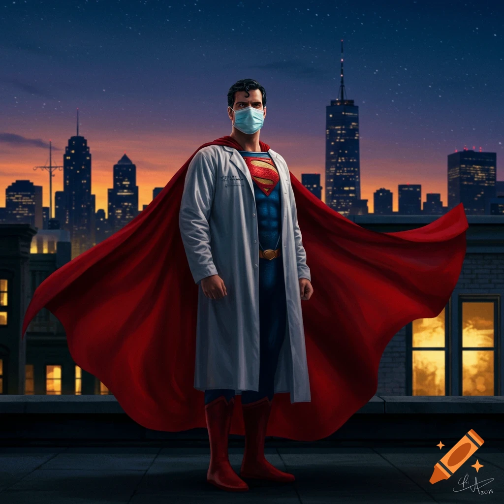 Superman, in a lab coat and mask, stands on a rooftop with a city skyline at dusk, depicted in a comic art style.