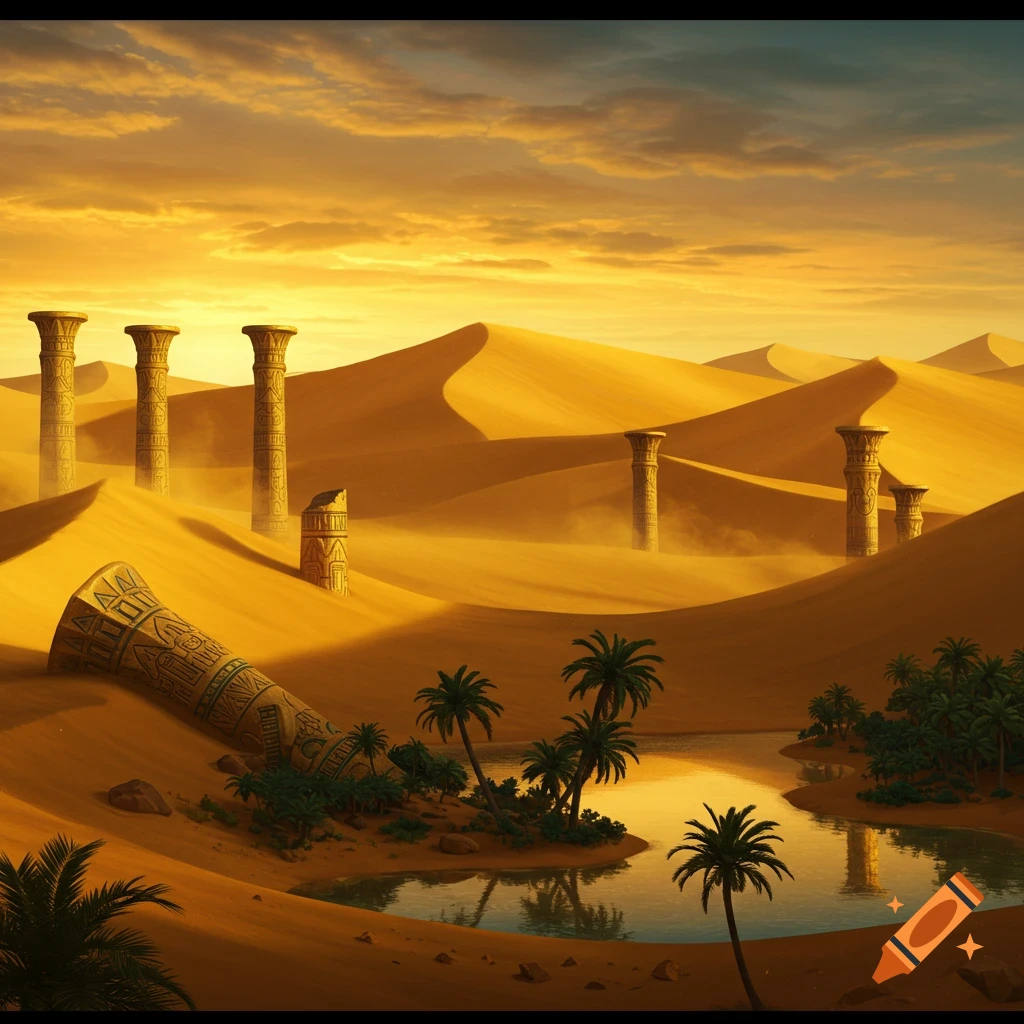 A golden desert landscape with towering dunes, ancient stone pillars, a fallen column, and an oasis with palm trees.