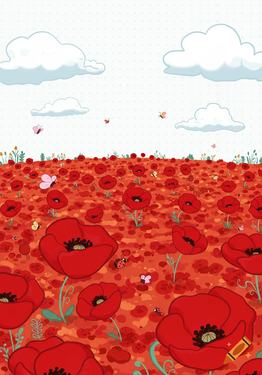 A vibrant, cartoony field of red poppies under a sky with white clouds, dotted with butterflies and ladybugs.