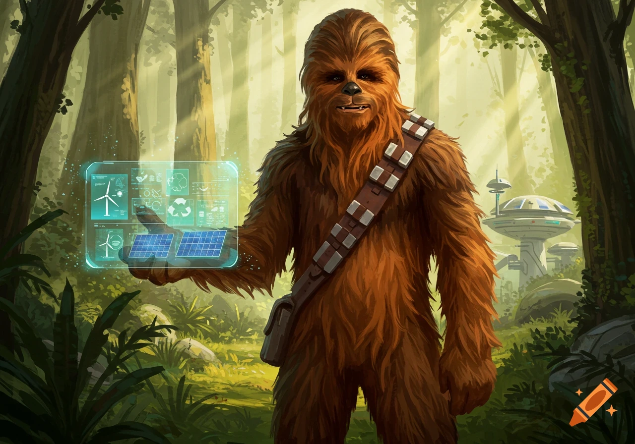 Chewbacca stands in a forest, holding a glowing holographic display showing symbols for wind power, solar panels, and recycling.