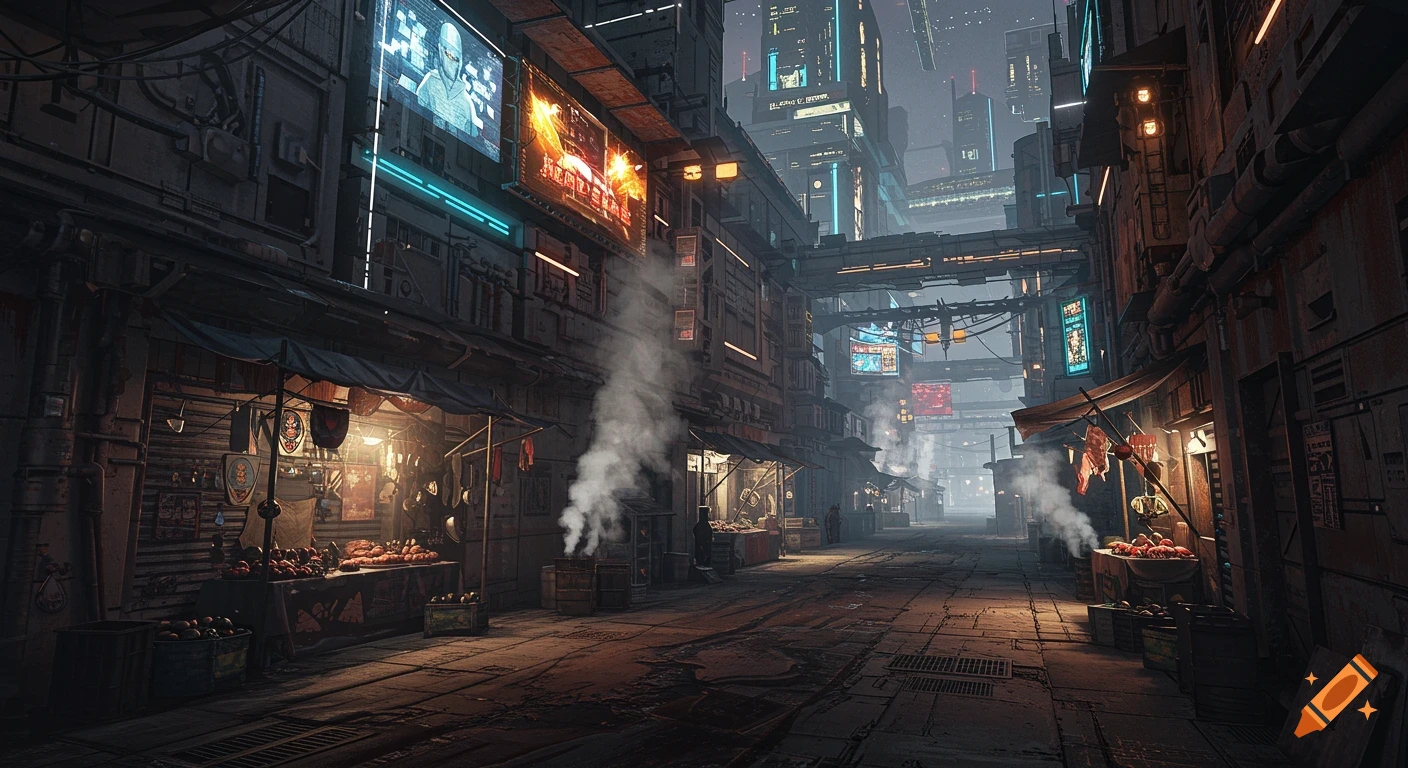 A dimly lit, futuristic city street with market stalls, glowing neon signs on tall buildings, and hazy distant structures.