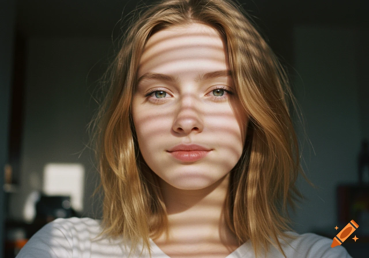 A close-up, photorealistic portrait of a young woman with blonde hair, her face partially shaded by horizontal blinds, looking directly at the viewer.