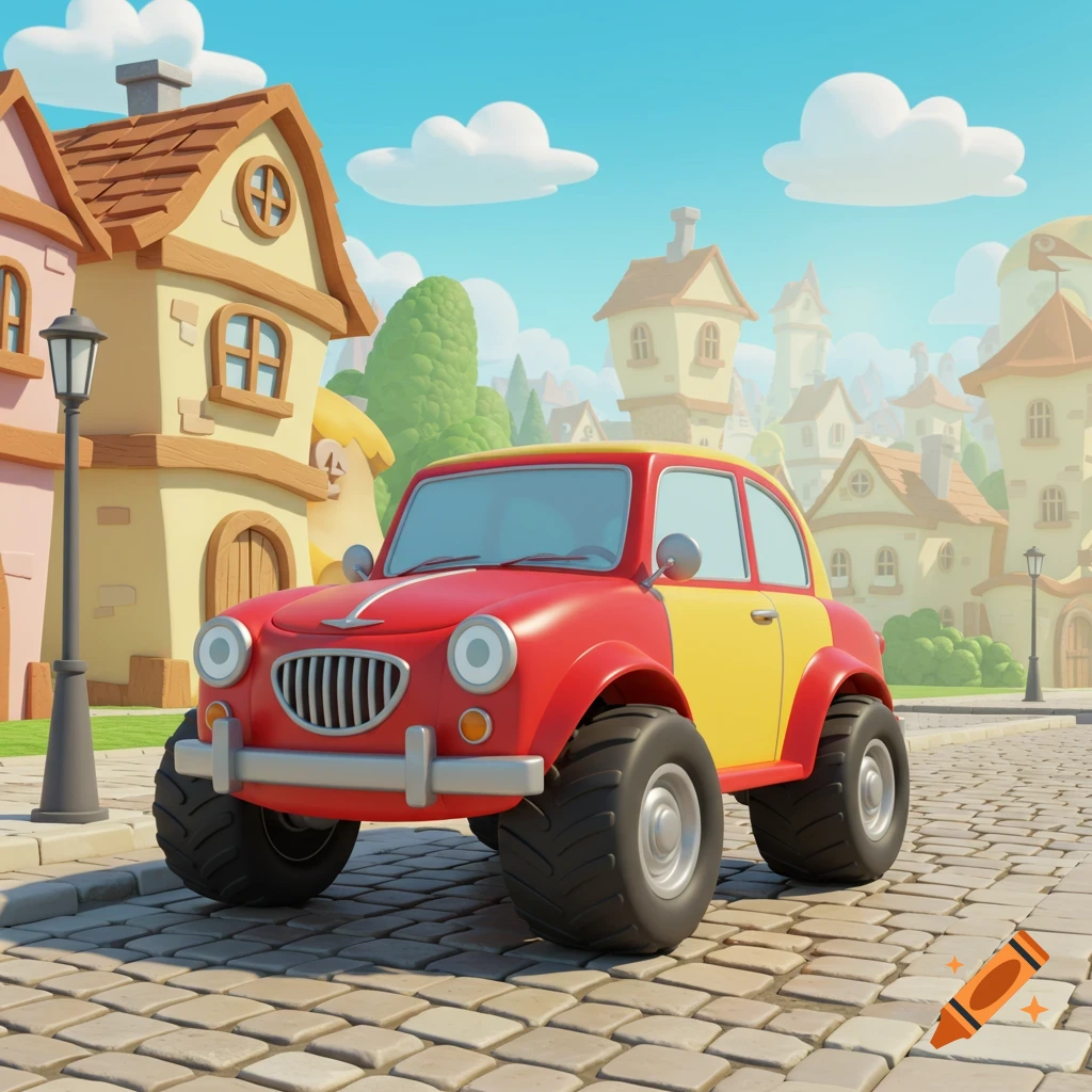 A cartoon red and yellow car with large tires on a cobblestone street in a colorful town.