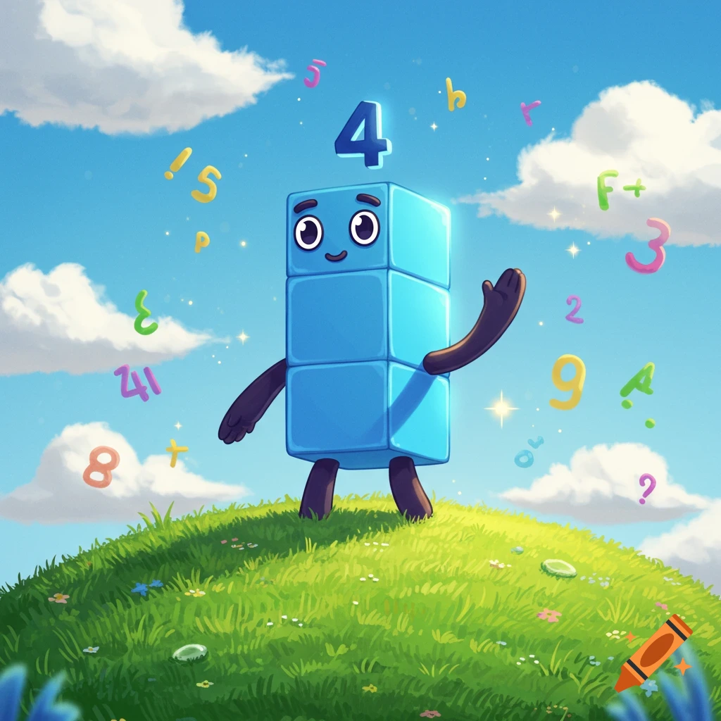 A blue, four-block cartoon character with a smiling face stands on a grassy hill under a blue sky with clouds, surrounded by colorful floating numbers.
