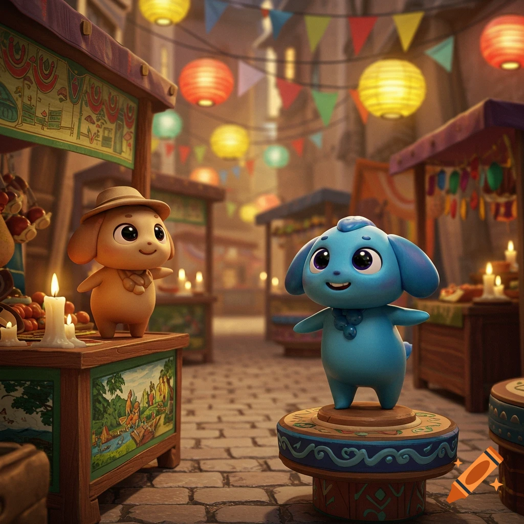 Two cute, big-eyed cartoon characters, one beige with a hat and one blue, stand in a bustling market street filled with colorful lanterns and stalls.