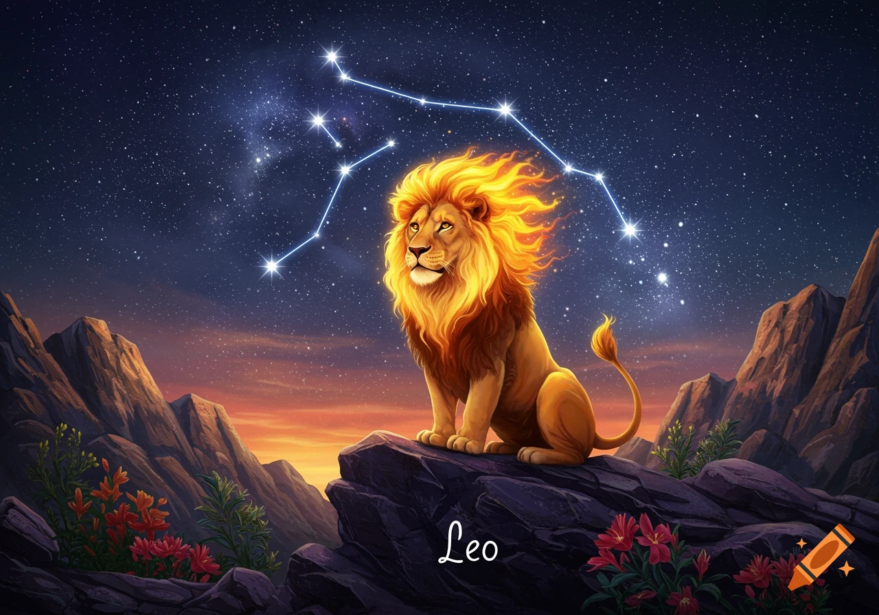 A majestic lion with a fiery mane sits on a rock under a starry sky with the Leo constellation, mountains, and a sunset.