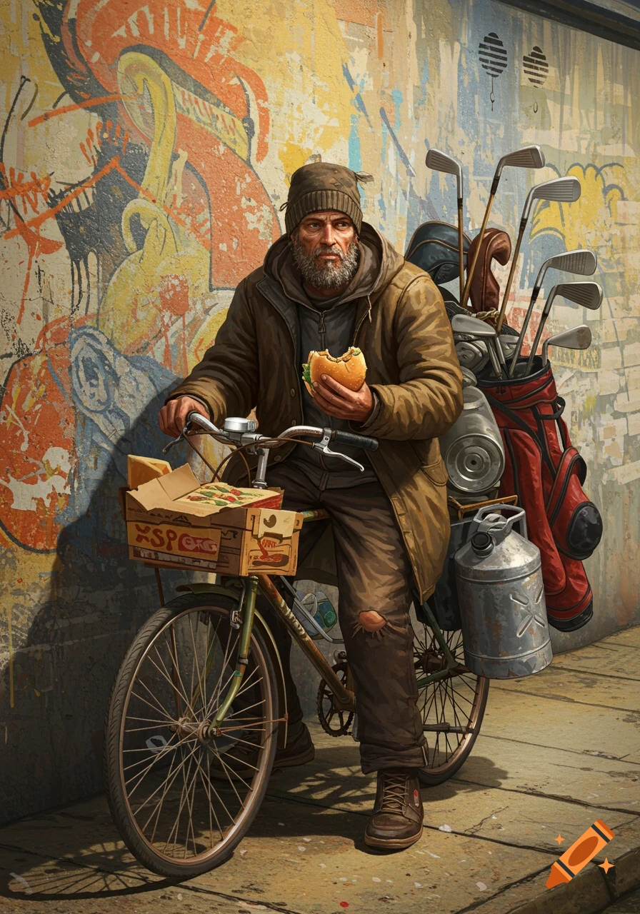 A bearded homeless man on a bicycle holding a burger, with golf clubs and gas cans, in front of a colorful graffiti wall.