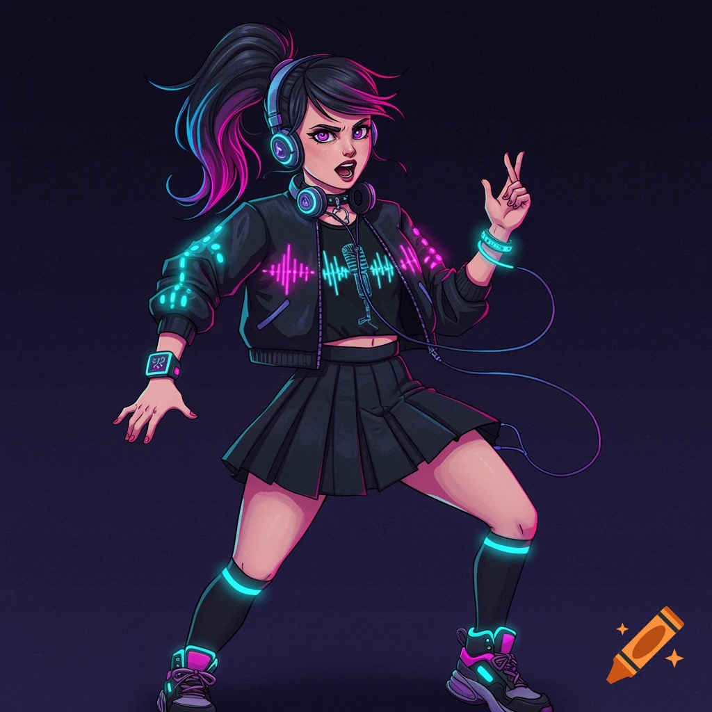 A stylized teenage girl with a high ponytail and neon streaks, wearing a bomber jacket with glowing soundwave patterns, a pleated skirt, headphones, and chunky sneakers, striking a pose.