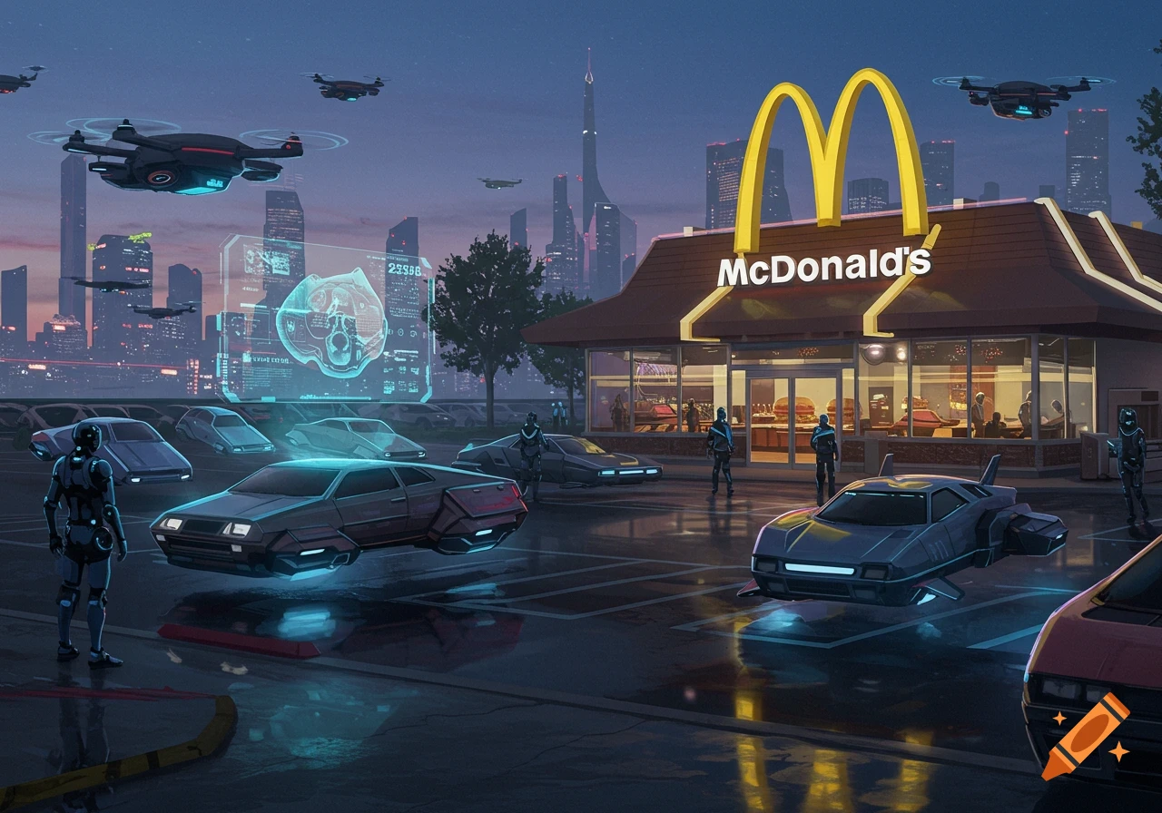 A futuristic McDonald's restaurant at dusk, with flying cars, drones, and robots in the parking lot and a glowing city skyline.