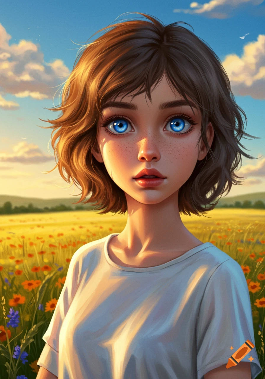 Stylized portrait of a young girl with short brown hair and large blue eyes, standing in a sunny field of orange and blue wildflowers under a blue sky.