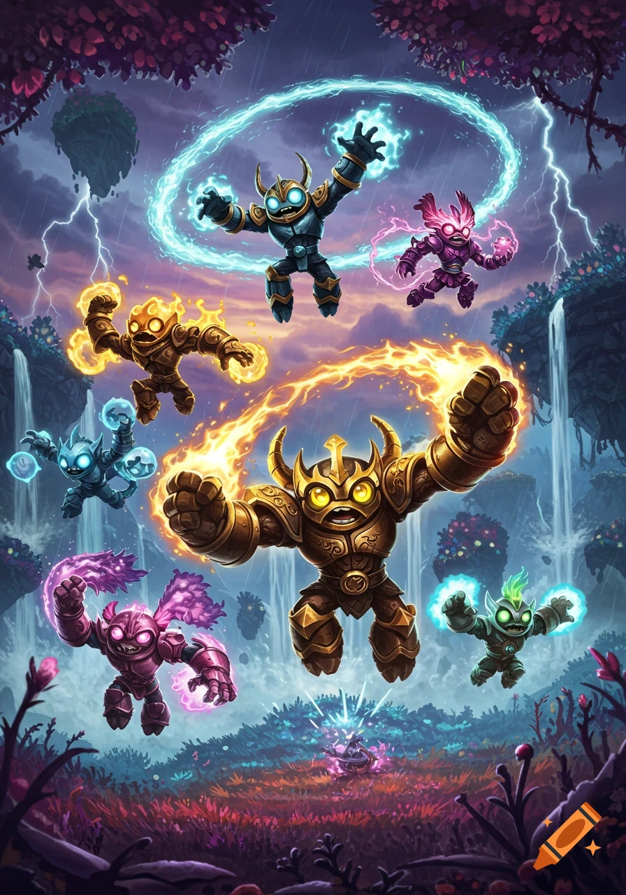 Stylized fantasy creatures with glowing powers fly through a stormy sky-island landscape.