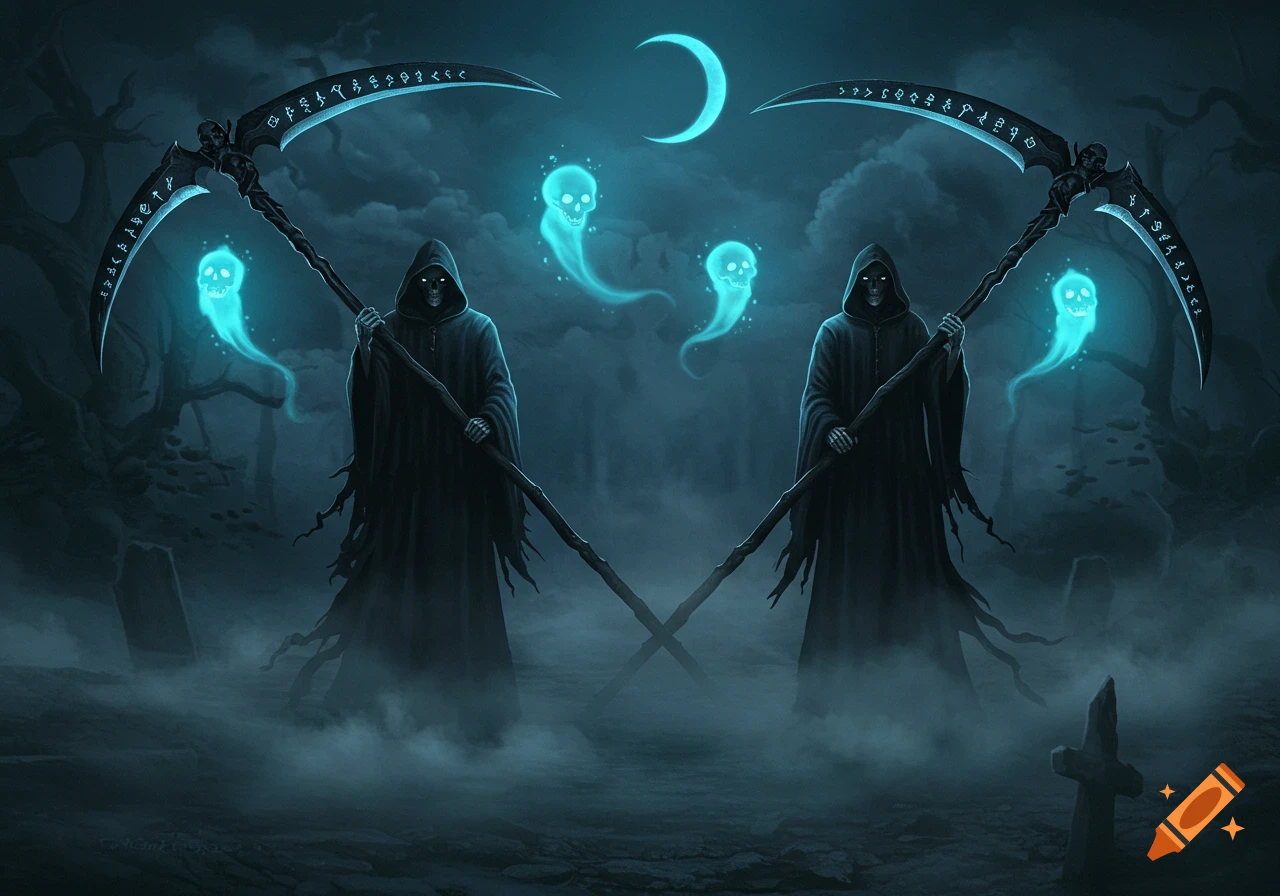 Two grim reapers with glowing eyes and runic scythes stand in a misty graveyard with spectral skulls and a crescent moon.