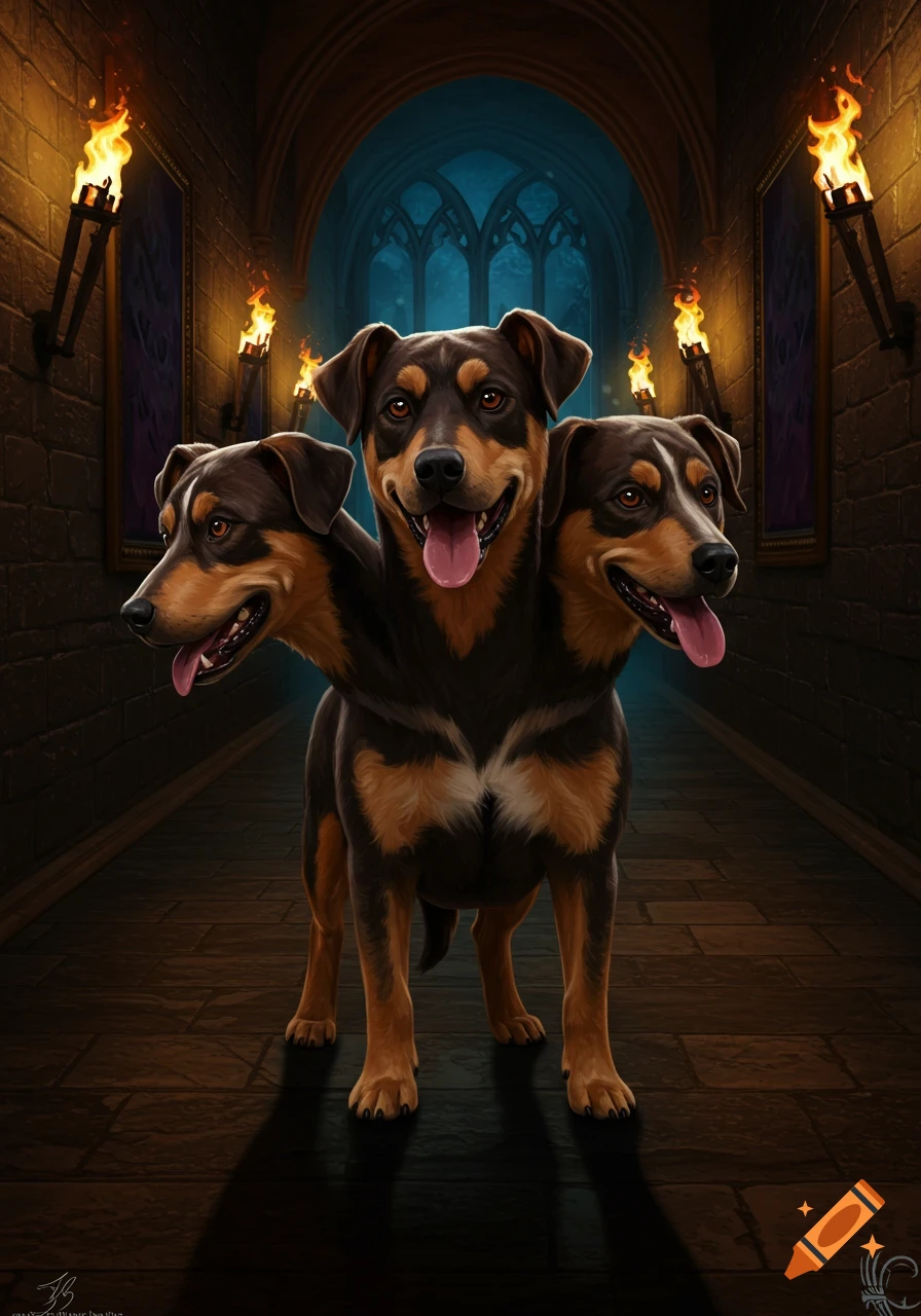 A cute three-headed dog, resembling Fluffy from Harry Potter, stands in a dark stone castle corridor lit by torches. Digital painting.