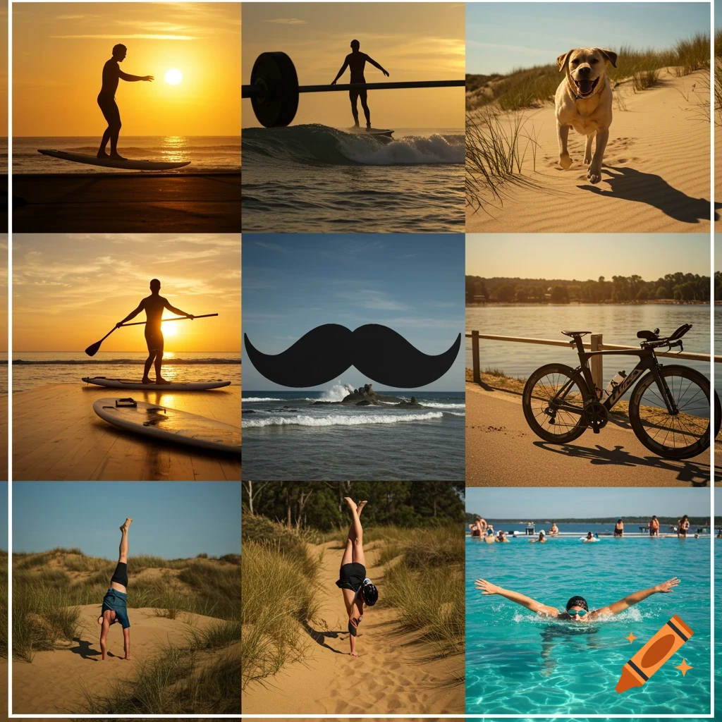 A nine-panel grid showcasing various outdoor scenes including paddleboarders, a dog on a beach, a cyclist, a swimmer, handstands, and a moustache graphic over waves.
