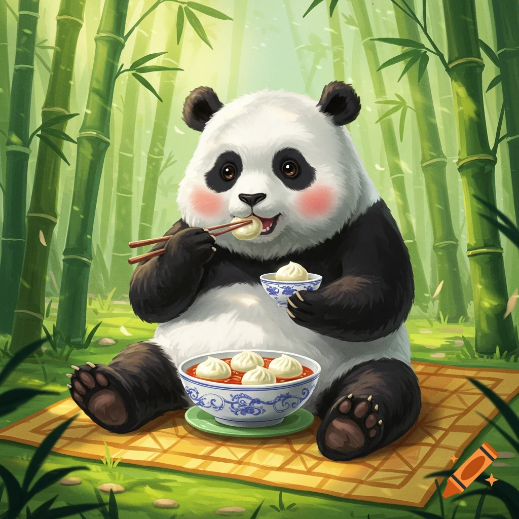 A cute illustrated panda bear sits on a mat in a bamboo forest, happily eating dumplings with chopsticks.