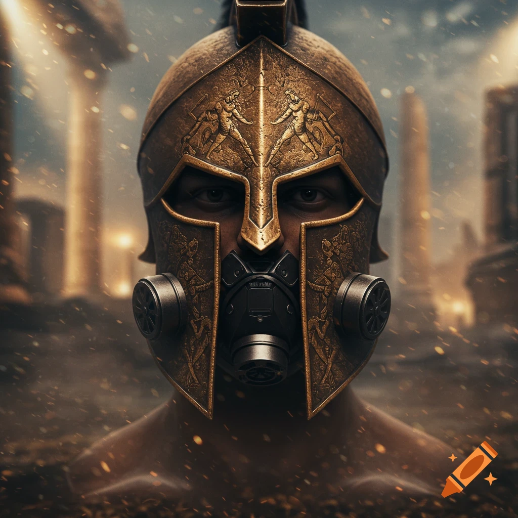 Close-up of a person wearing an ornate golden Spartan helmet merged with a modern gas mask, standing in an ancient ruin.
