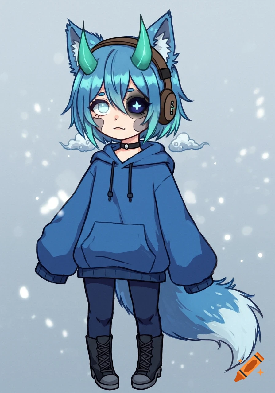An anime character with blue hair, horns, fox ears and tail, wearing an oversized blue hoodie and boots. One eye is white, the other dark blue with a star pupil.