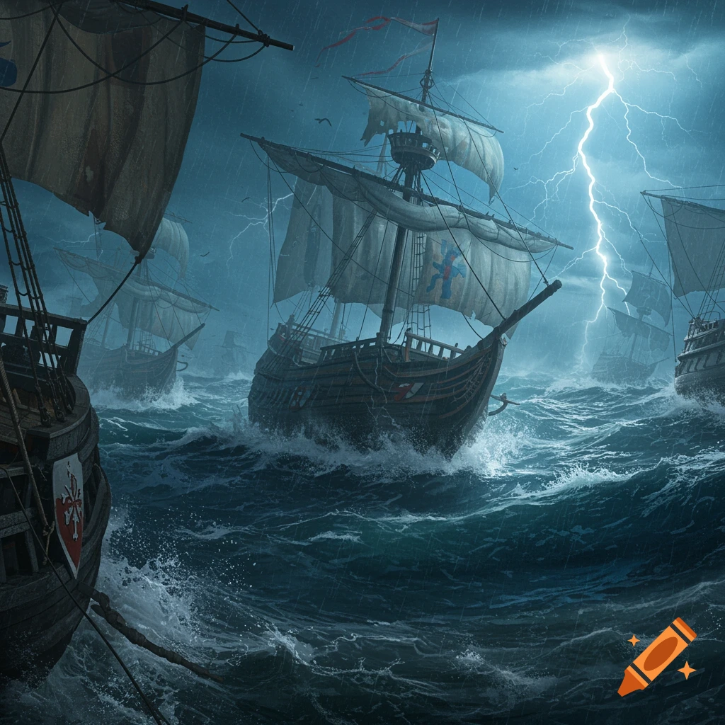 Several medieval sailing ships battle a severe lightning storm on a turbulent, dark ocean.