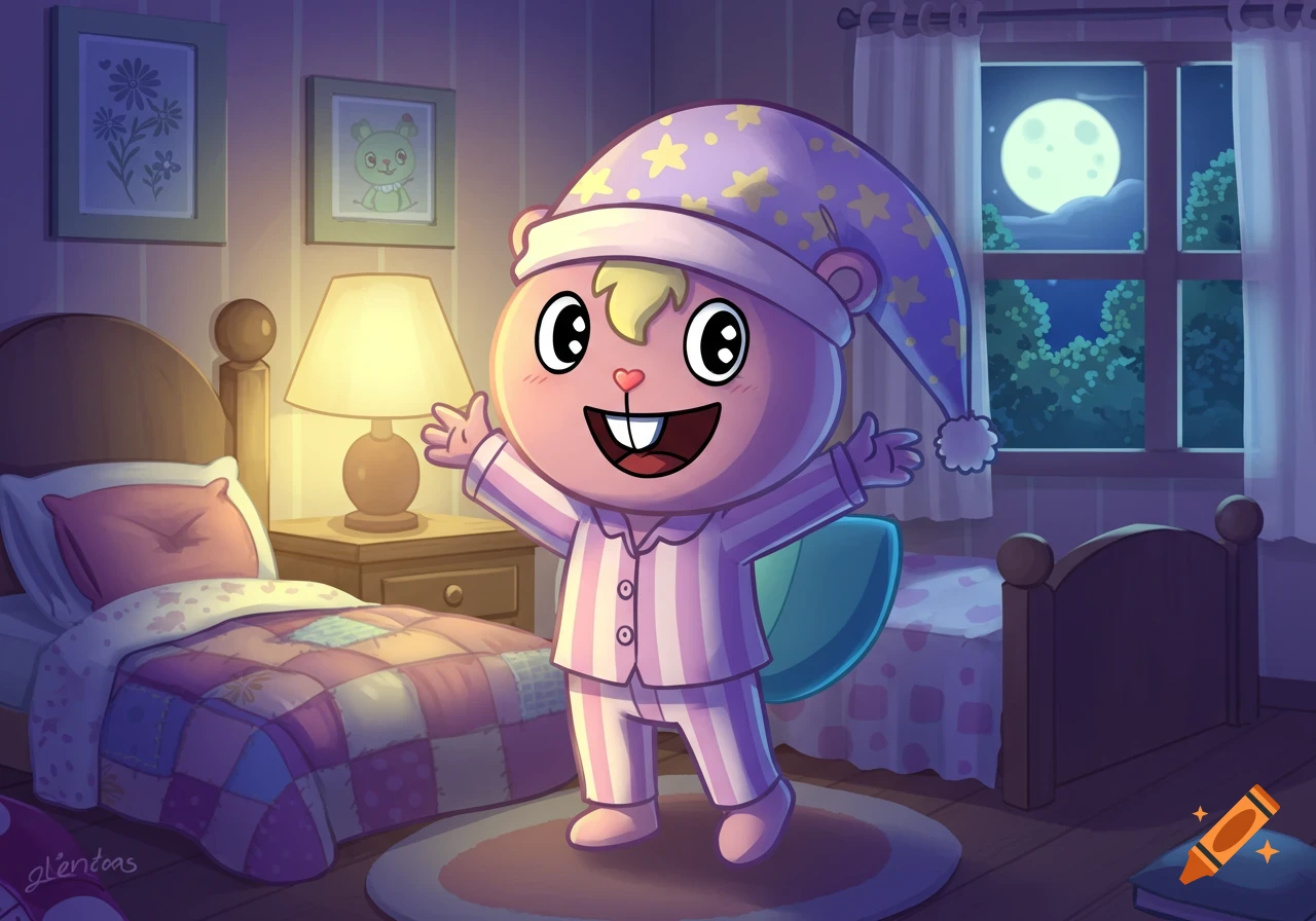 A pink, beaver-like cartoon character in striped pajamas and a starry nightcap stands smiling in a cozy bedroom at night.