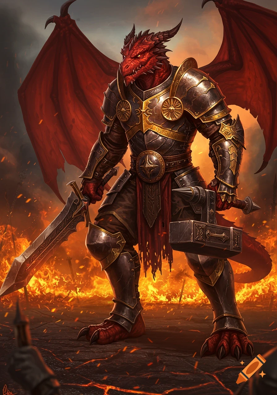 A powerful red dragonborn paladin in ornate armor stands on a fiery battlefield, dual-wielding a large sword and a war hammer. Photorealistic style.