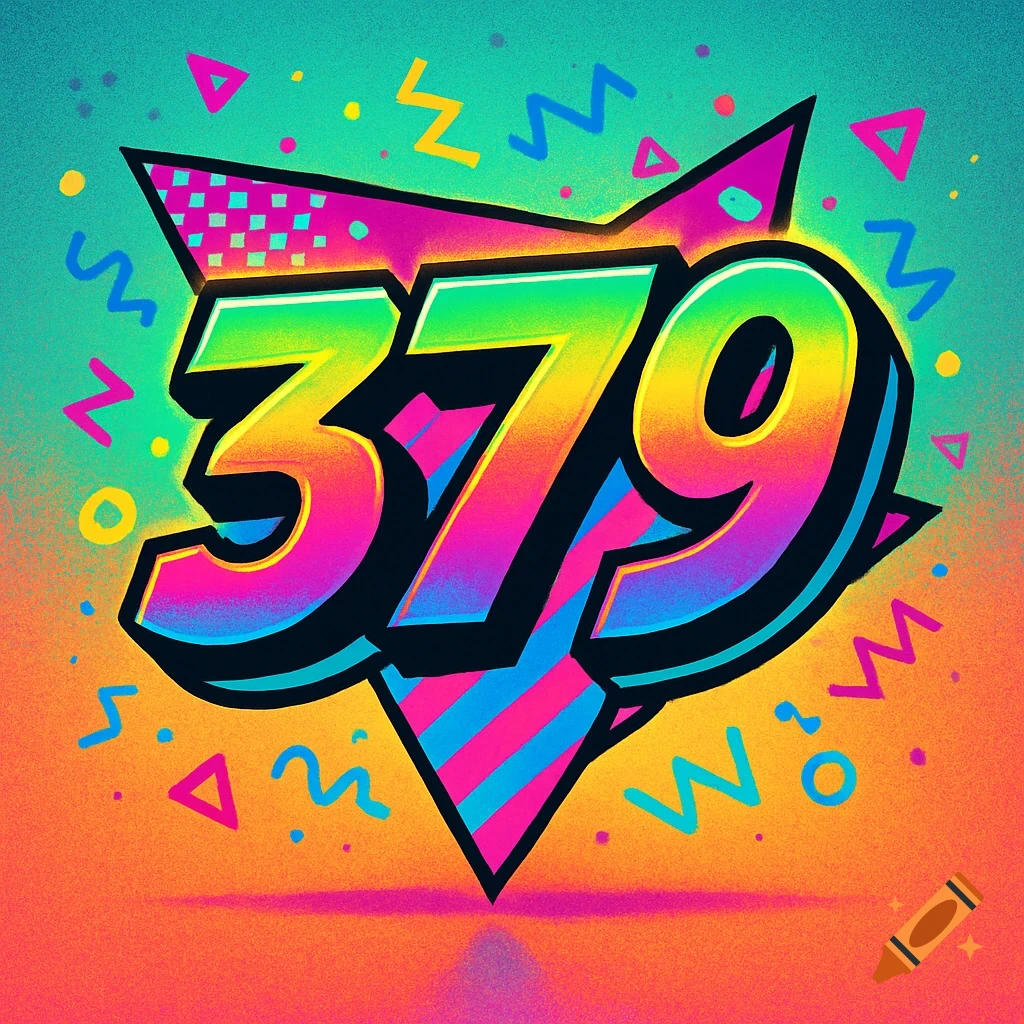 A bold, colorful 3D number 379 in a vibrant 90s style with a gradient background and abstract shapes.