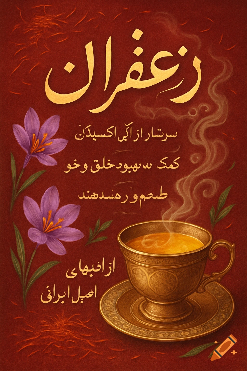 An illustration with a red background features golden Persian calligraphy for "Saffron" at the top. Below are two purple saffron flowers, and a golden ornate cup filled with a yellowish drink and steam rising. More Persian text is present on the right side.