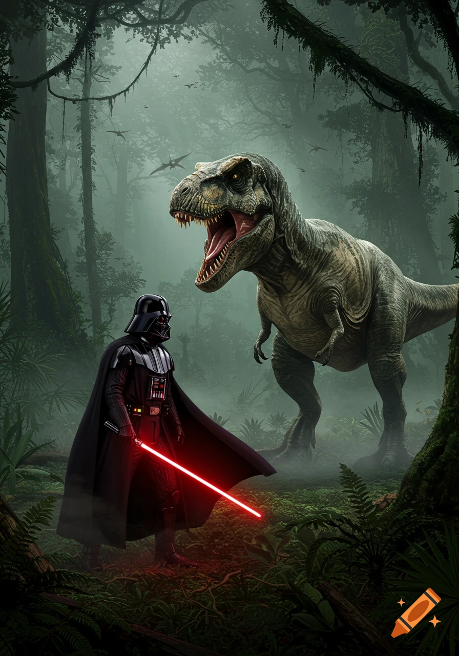 Darth Vader with a red lightsaber facing a roaring T-Rex in a misty, lush jungle with pterodactyls flying.