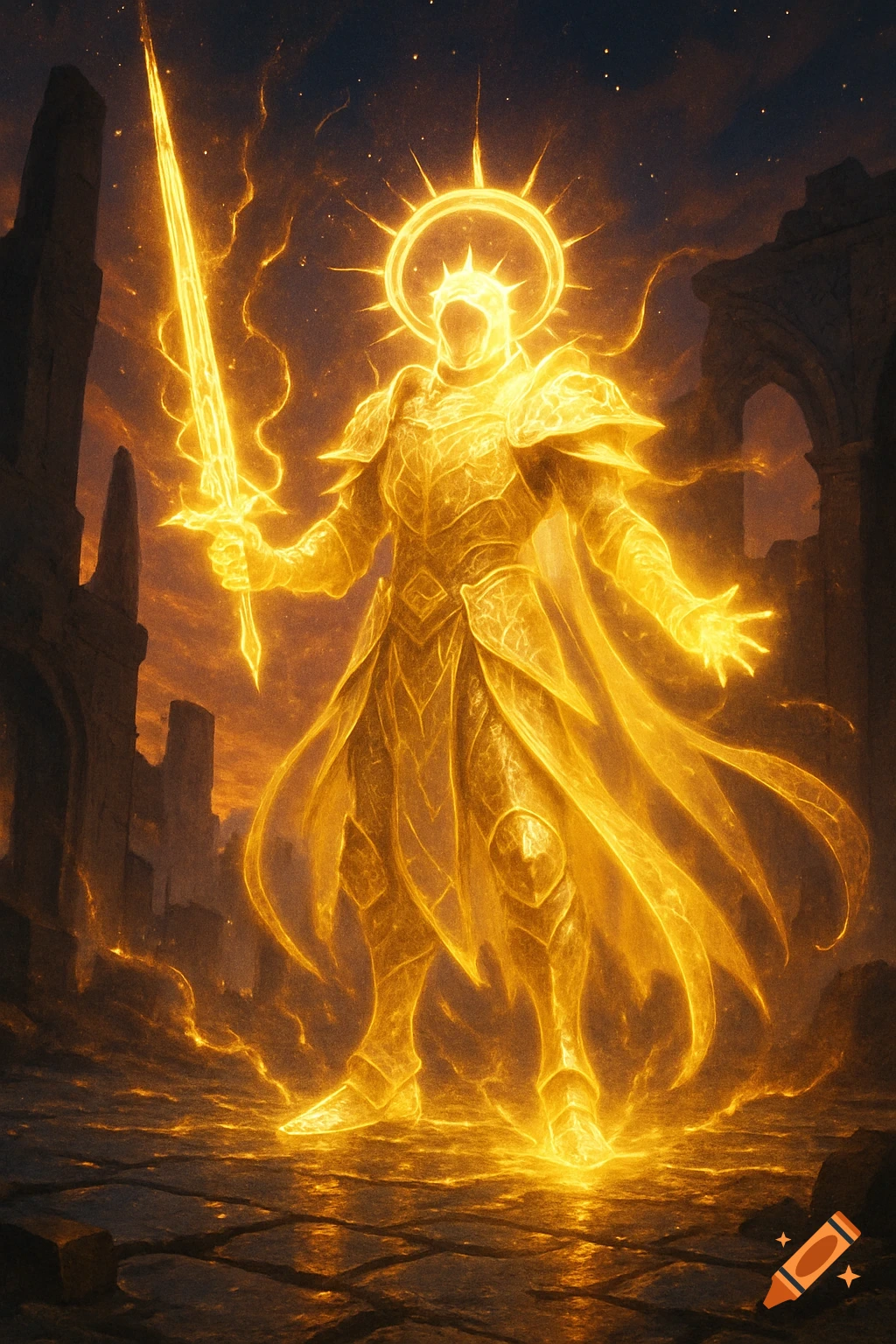 A radiant armored warrior holding a glowing sword stands in ruins under a starry sky, emanating golden light.