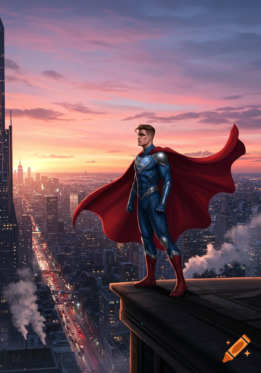 A superhero in a blue suit and red cape stands on a city rooftop overlooking a cityscape at sunset, comic art style.