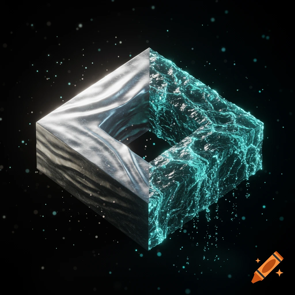 A square geometric shape, half metallic silver and half glowing blue water, against a dark background with particles.