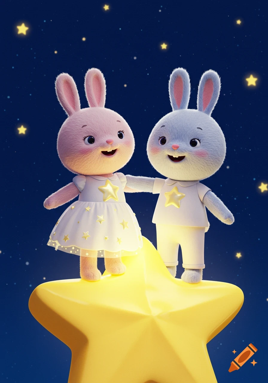 Two happy cartoon bunnies, one pink in a dress and one blue in a shirt, stand on a glowing yellow star against a starry night sky.