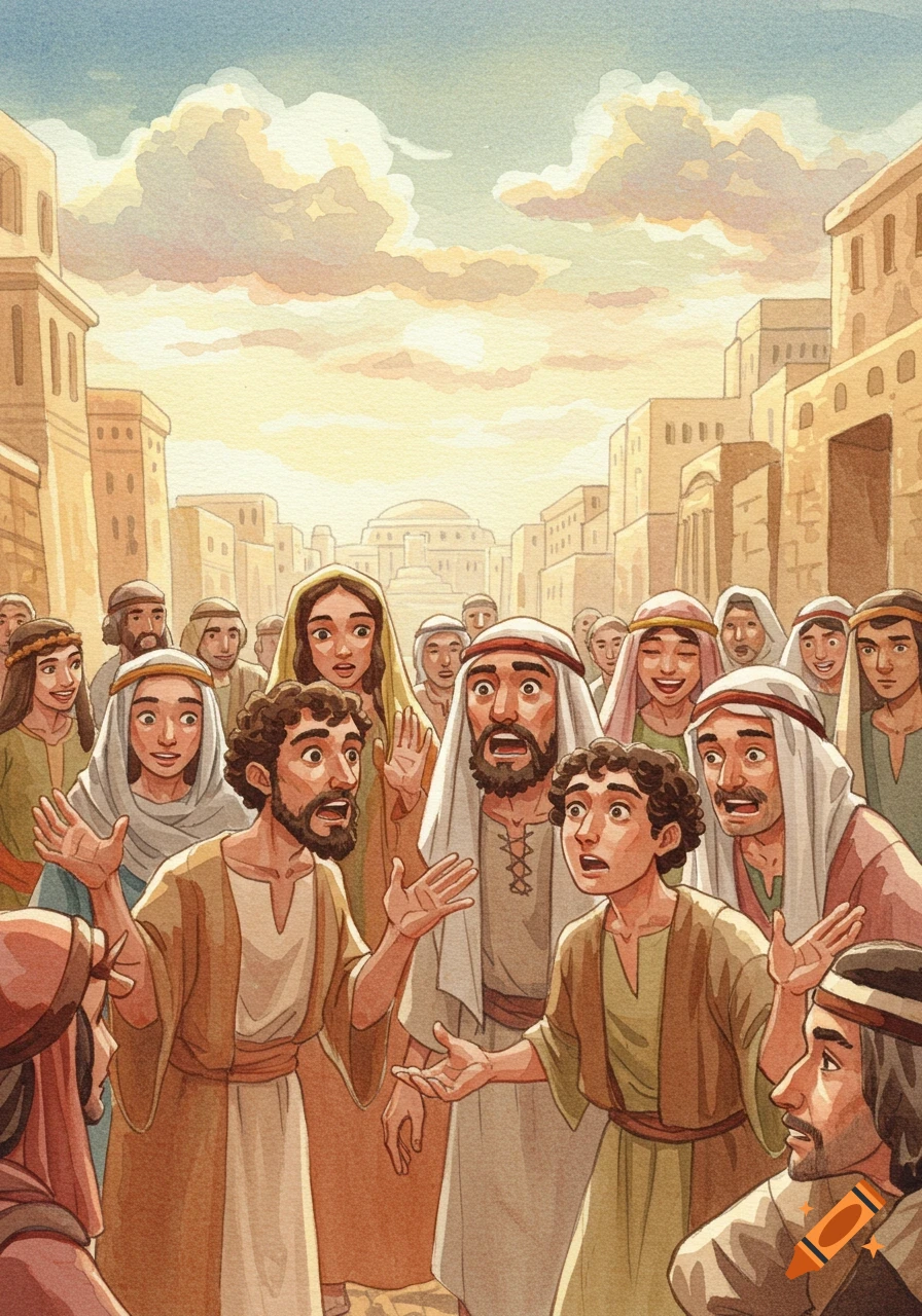 Watercolor illustration of a crowd of people in ancient attire on a city street, many with surprised or perplexed expressions.