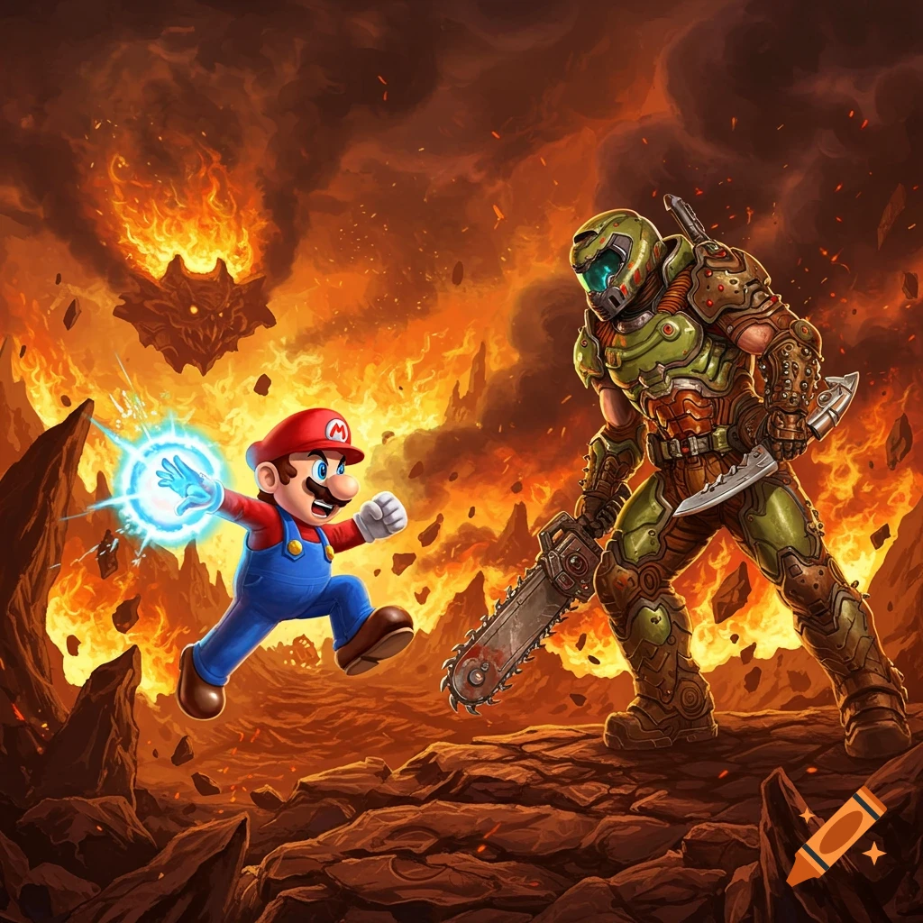 Mario and Doom Slayer face off in an epic battle, surrounded by fire and lava in a detailed art style.