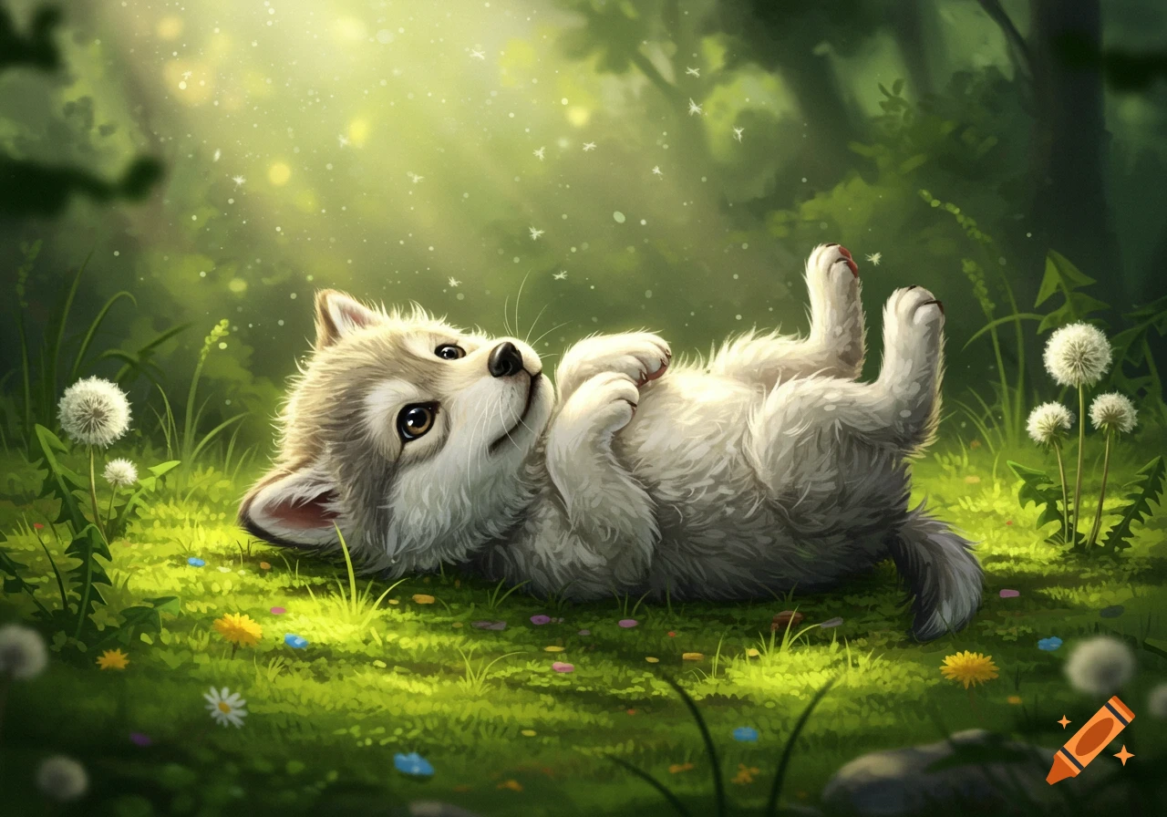 A cute, fluffy wolf pup lies on its back in bright green grass, looking up, surrounded by glowing particles and dandelion puffs in a sunny forest.