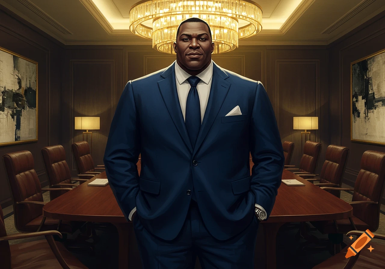 Photorealistic portrait of a confident man in a blue suit standing in a formal meeting room with a large chandelier.
