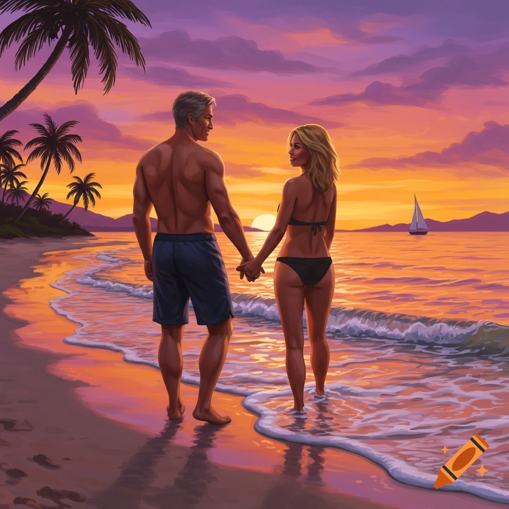 A couple holding hands on a tropical beach at sunset, with palm trees and a sailboat in the background.