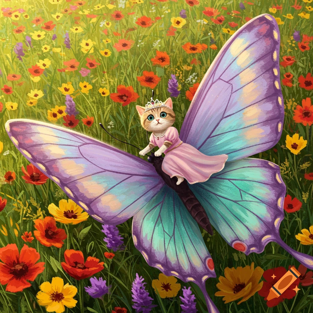 A cute cat wearing a pink princess dress and tiara rides a large purple and teal butterfly over a field of colorful flowers.