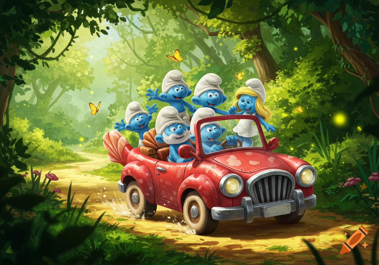 A group of Smurfs, including Papa Smurf and Smurfette, ride in a red car through a lush green forest in a cartoon illustration.