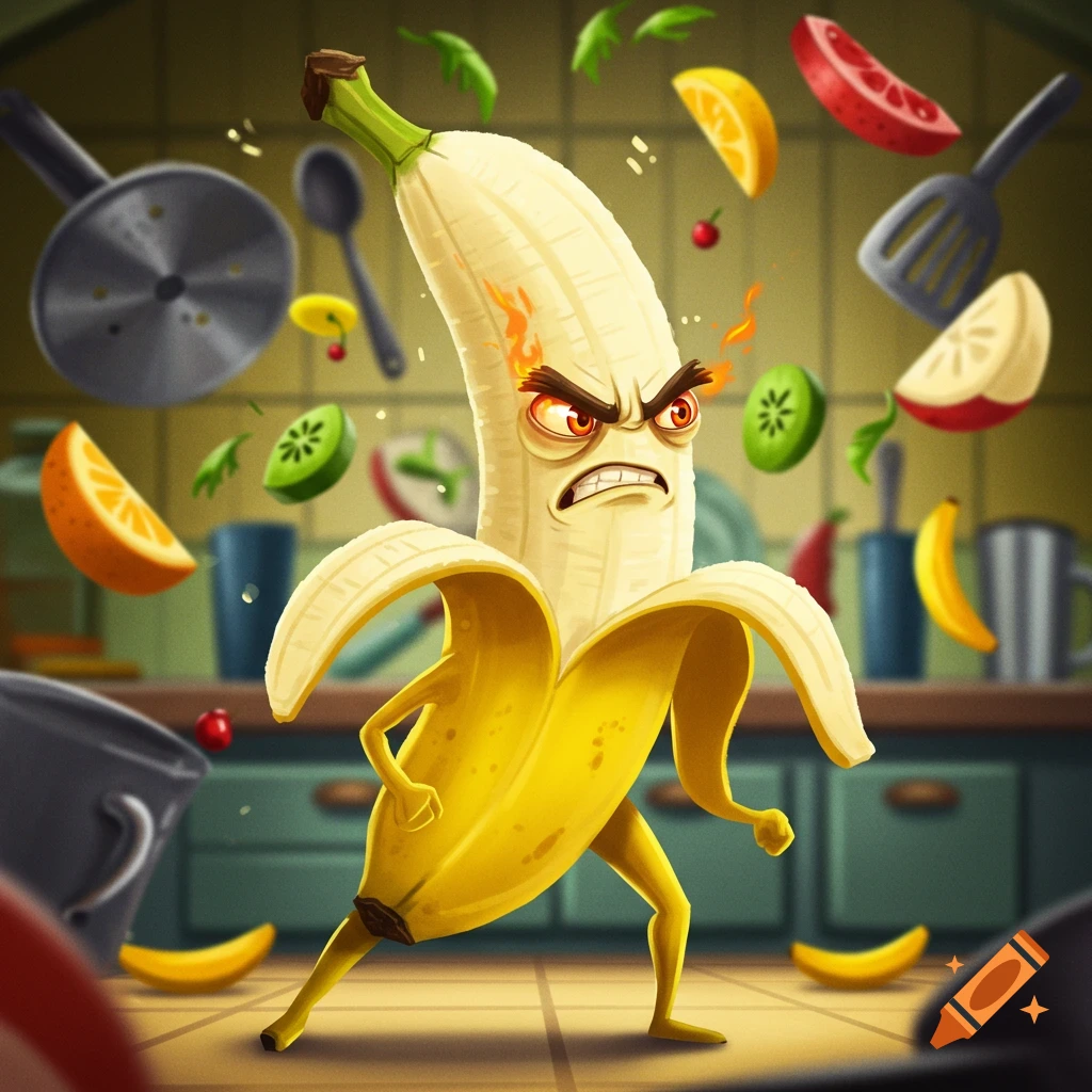 A vibrant, cartoon illustration of an angry, anthropomorphic banana standing in a kitchen with flying fruits and utensils.
