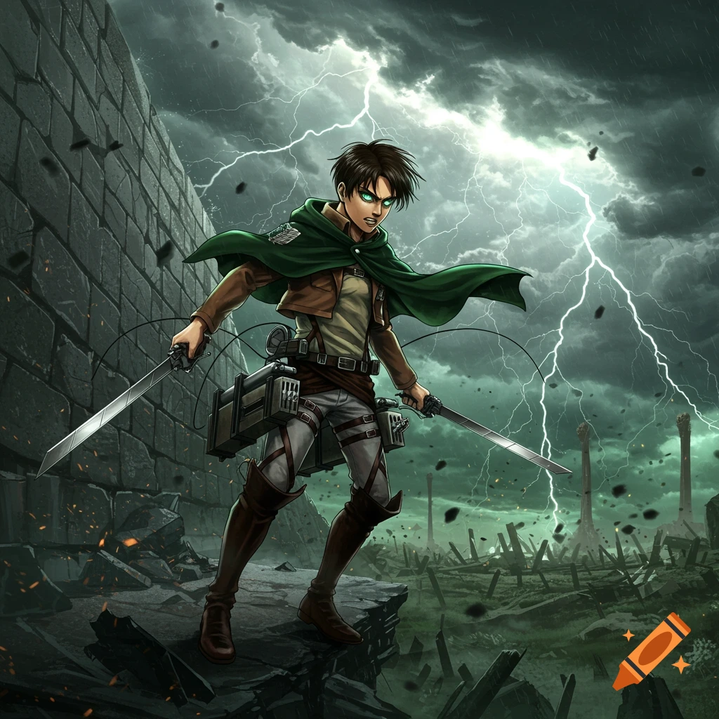 Eren Yeager from Attack on Titan, with glowing eyes, holds two swords on a ruined battlefield under a stormy sky with lightning.