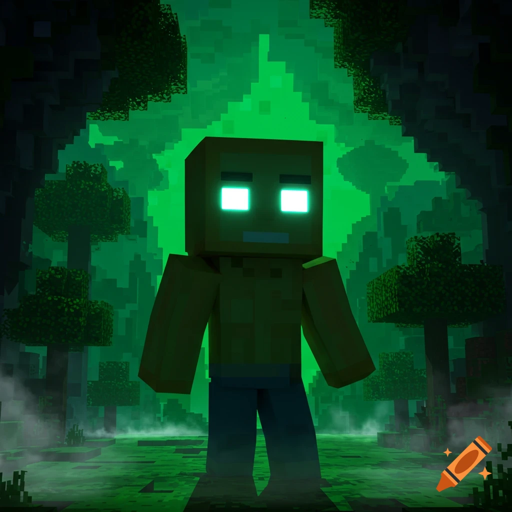A blocky, golden-skinned character with glowing white eyes stands in a dark, misty, green pixelated forest, in a style reminiscent of Minecraft.