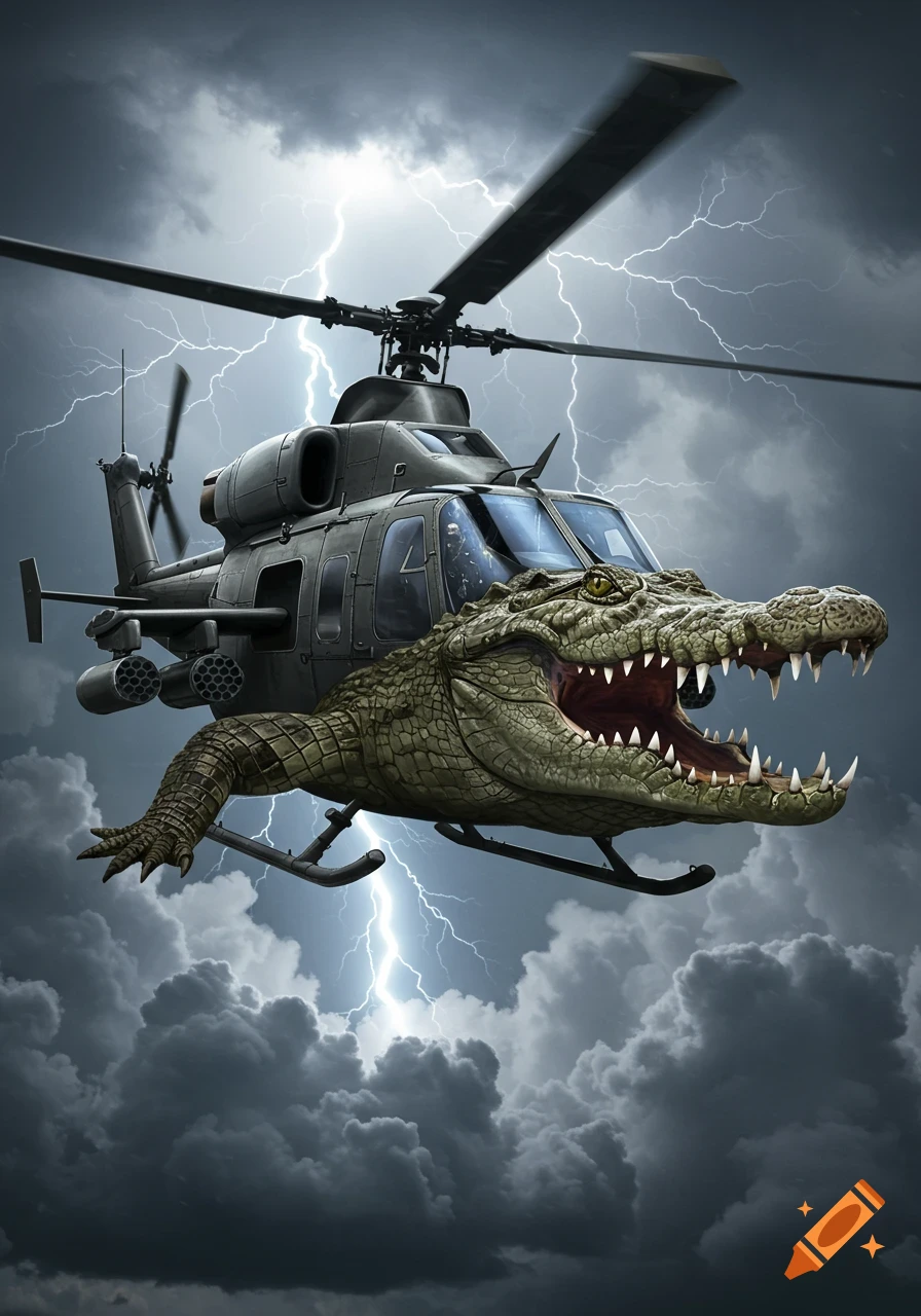A photorealistic military helicopter with a crocodile head flies through a stormy, lightning-filled sky.