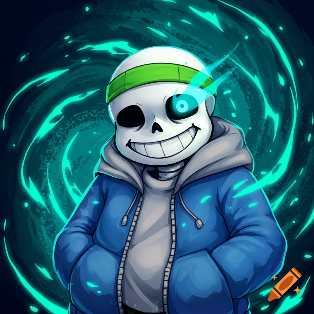 Smiling Sans from Undertale, a skeleton in a blue jacket and green headband, with a glowing blue eye and swirling green energy.
